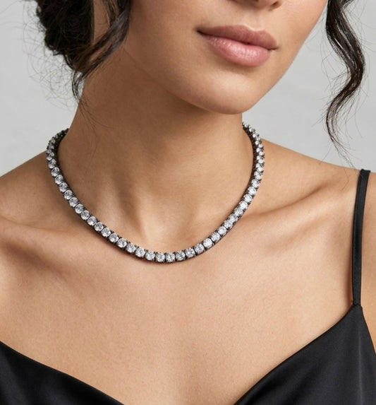 Sterling Silver Tennis Necklace with 5MM Cubic Zirconia Stones, Measuring 18 Inches