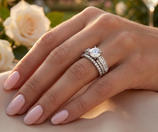 Sterling Silver 6-Prongs Brilliant-cut Wedding Ring Set