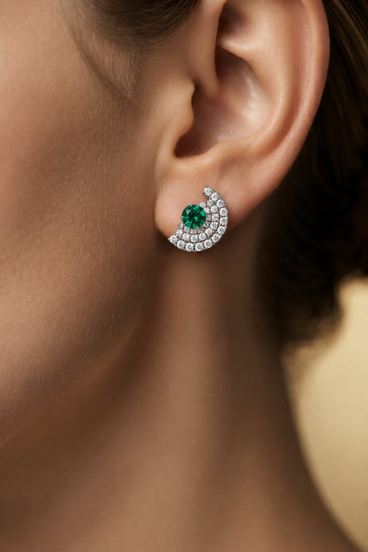 Sterling Silver Crescent Emerald Stud Earrings