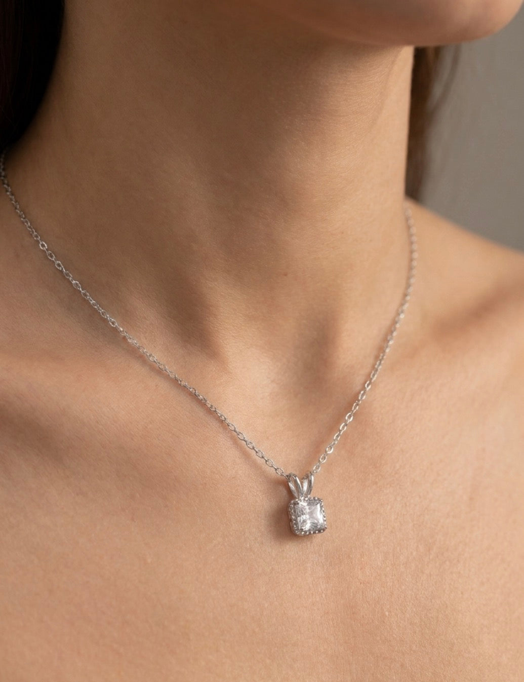 Sterling Silver Princess cut Milgrain Necklace
