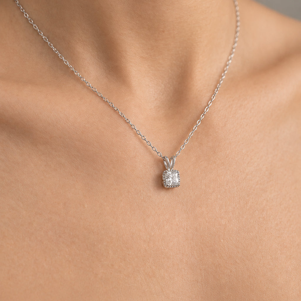 Sterling Silver Princess cut Cubic Zirconia Necklace#