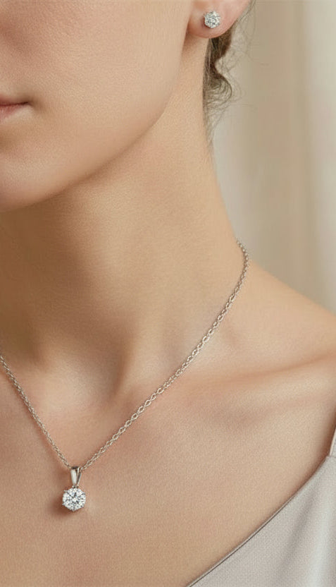Sterling Silver Solitaire Necklace & Stud Earring Set