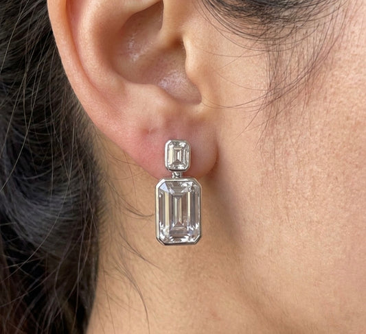 Emerald Cut Bezel Set Drop Earrings