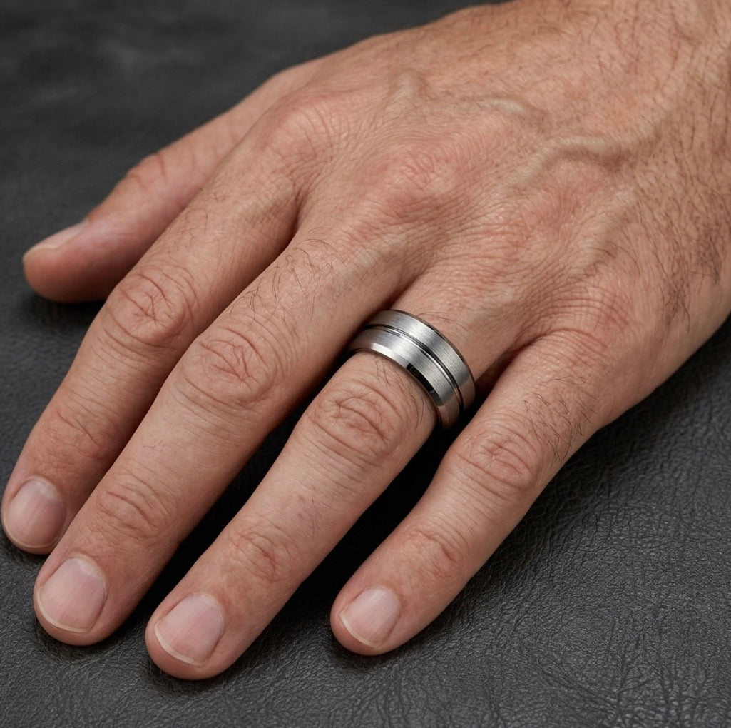 Silver Brushed Tungsten Band with Center Groove & Dual Beveled Edges