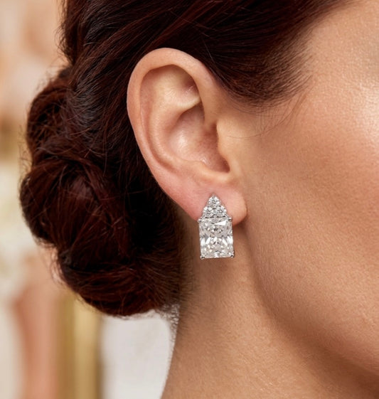 Sterling Silver Emerald Cut Cubic Zirconia Stud Earrings