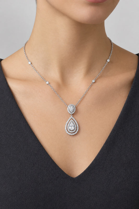 Sterling Silver Teardrop Double Halo Station Necklace