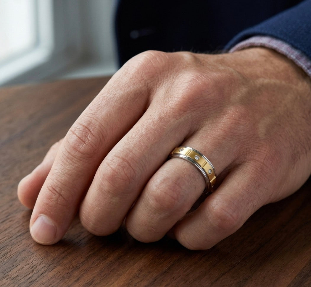 The Centurion: Two-Tone Stepped Tungsten Band with Bezel-Set Accents
