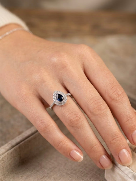 Sterling Silver Radiant Double Sapphire Halo Teardrop Ring