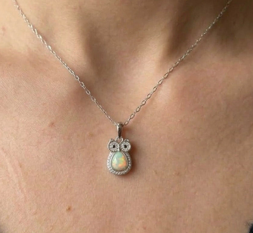 Sterling Silver Opal Owl Necklace