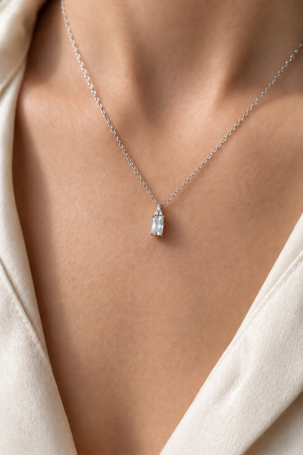 Sterling Silver Emerald cut Cubic Zirconia Necklace#