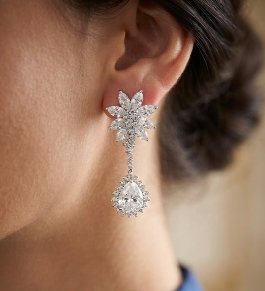 Sterling Silver Floral Design Drop Earrings