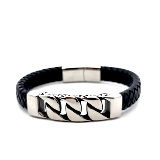 Black Leather Bracelet with Steel Design Bar and Magnetic Strap