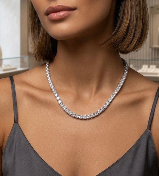Sterling Silver Tennis Necklace with 4.5MM Cubic Zirconia Stones, measuring 18"