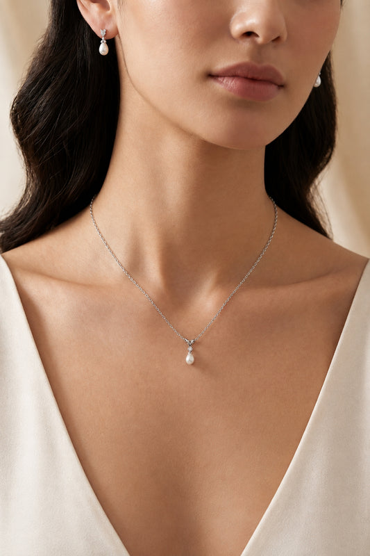 Sterling Silver Necklace & Earrings Pearl Set