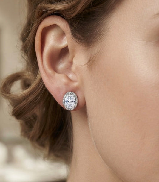 Sterling Silver Oval Cut Cubic Zirconia Stud Earrings