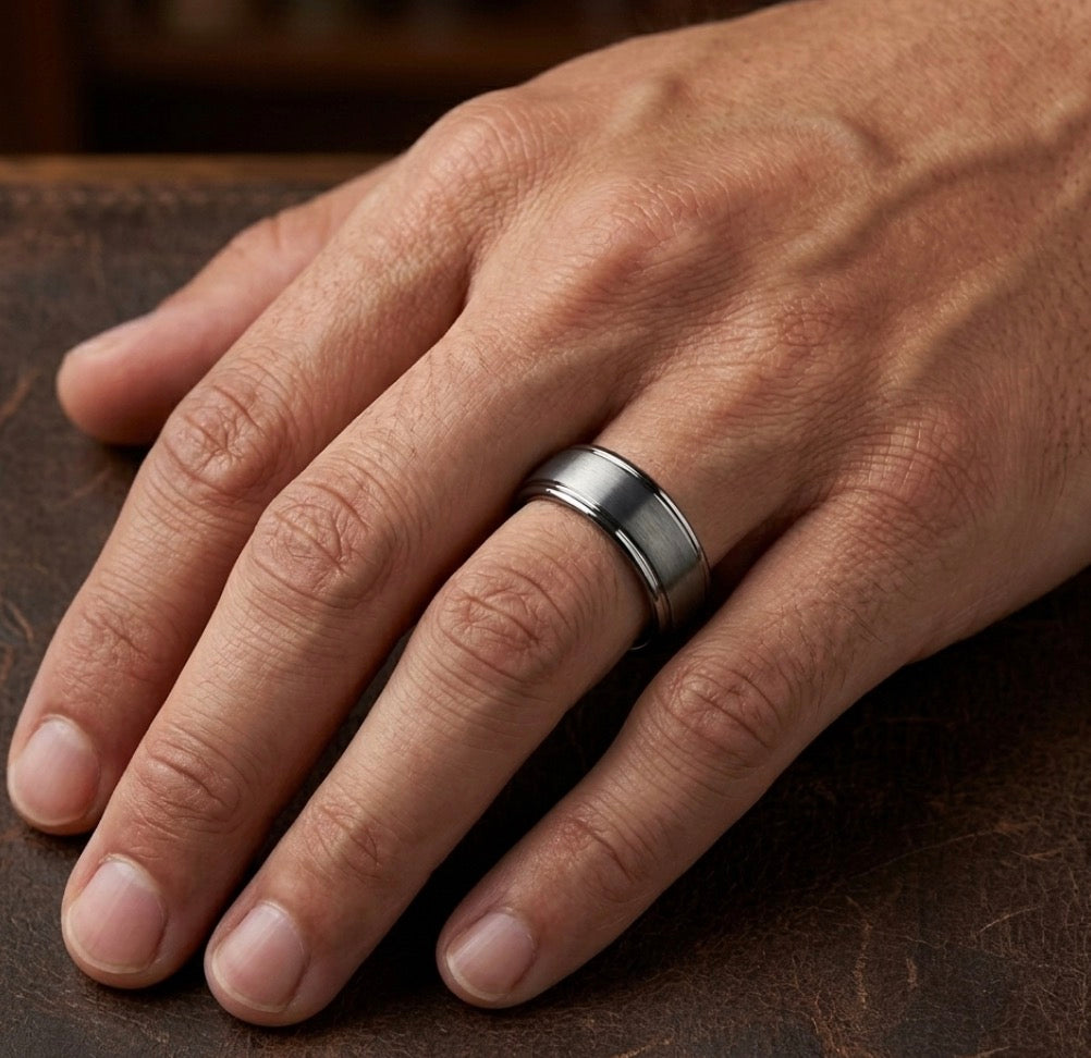 The Legacy: Silver Brushed Tungsten Band with Stepped Polished Edges