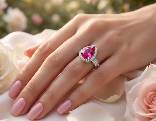 Sterling Silver Checkerboard Teardrop-cut Ruby Ring