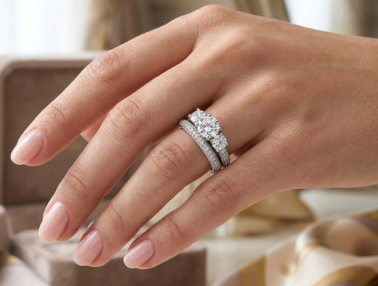 Sterling Silver 3-Stone Wedding Ring Set