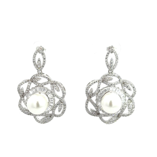 Sterling Silver Floral Design Pearl Earrings
