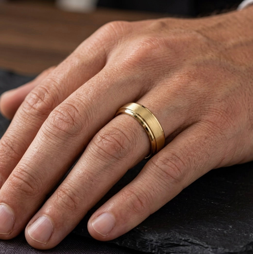 The Midas Sentinel: Gold-Plated Brushed Tungsten Band with Stepped Beveled Edges
