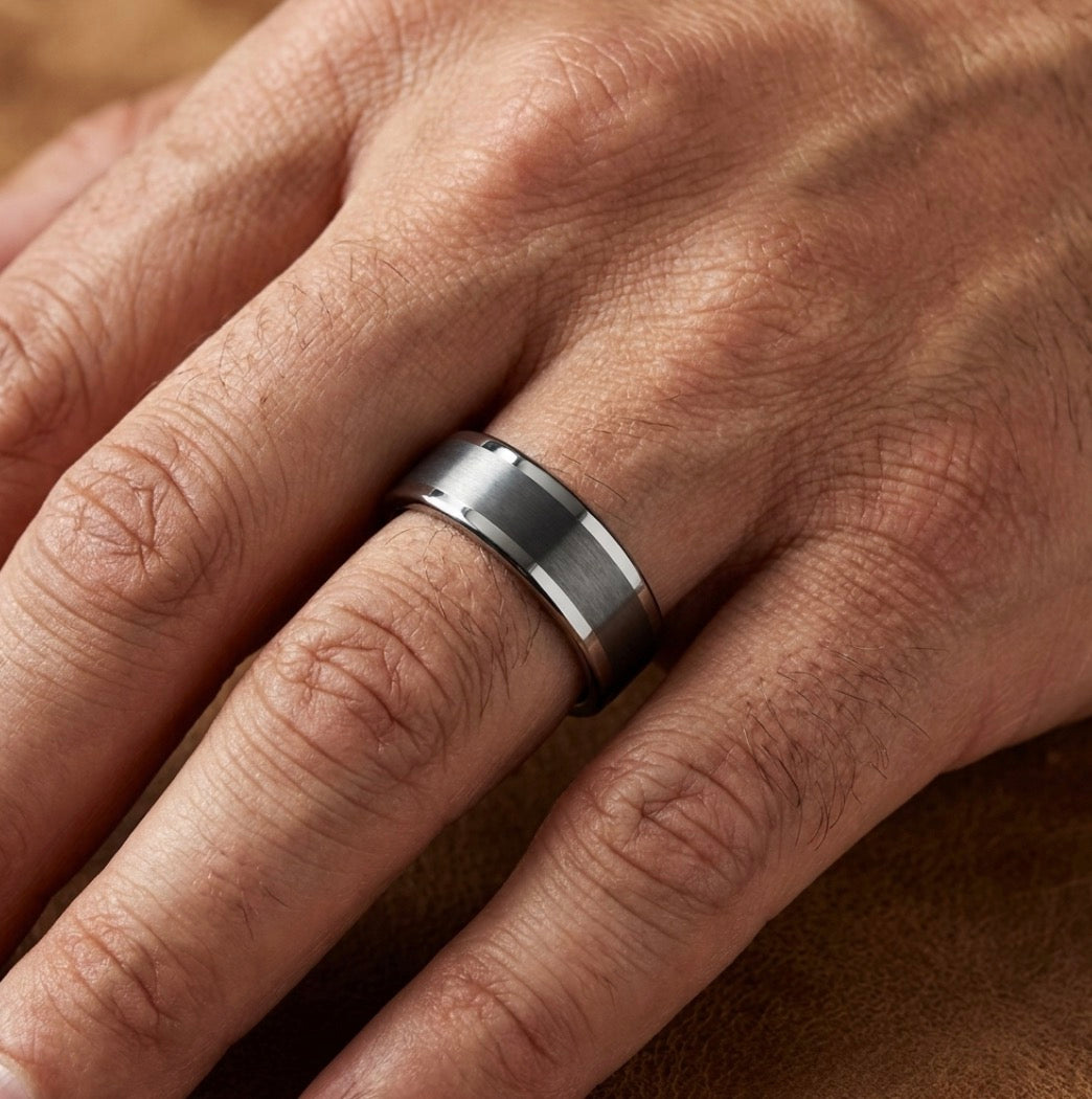 Flat Charcoal 6MM Tungsten Band with Polished Step Edges