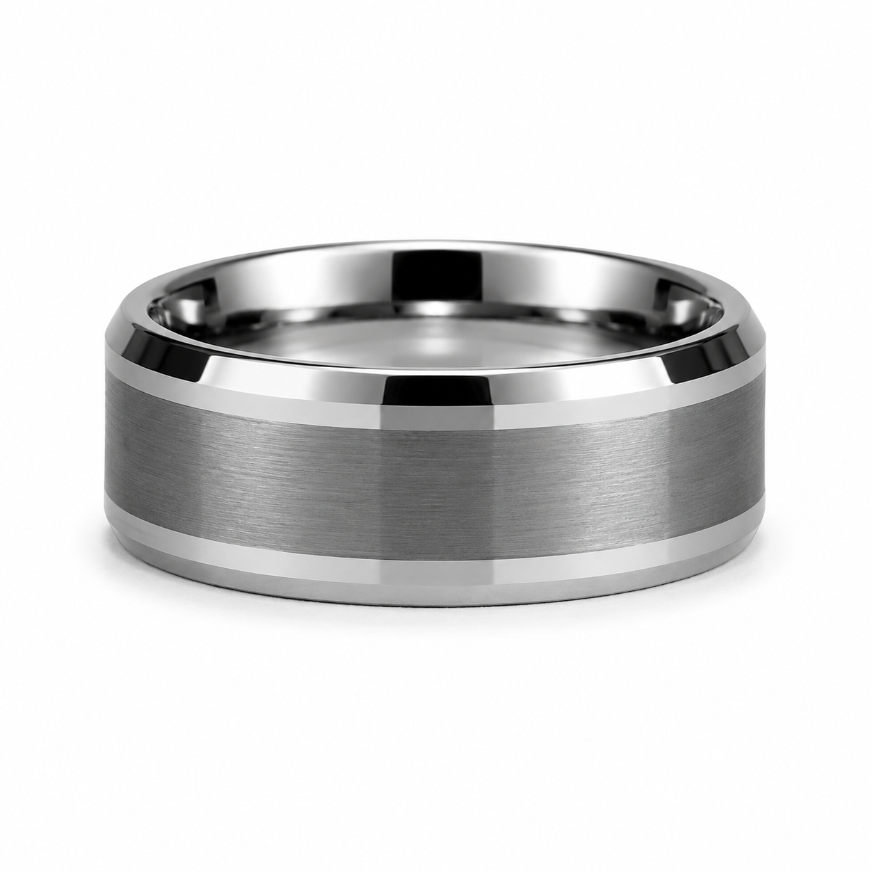 The Apex Stepped: 8mm Silver Brushed Tungsten Band with Polished Step-Beveled Edges