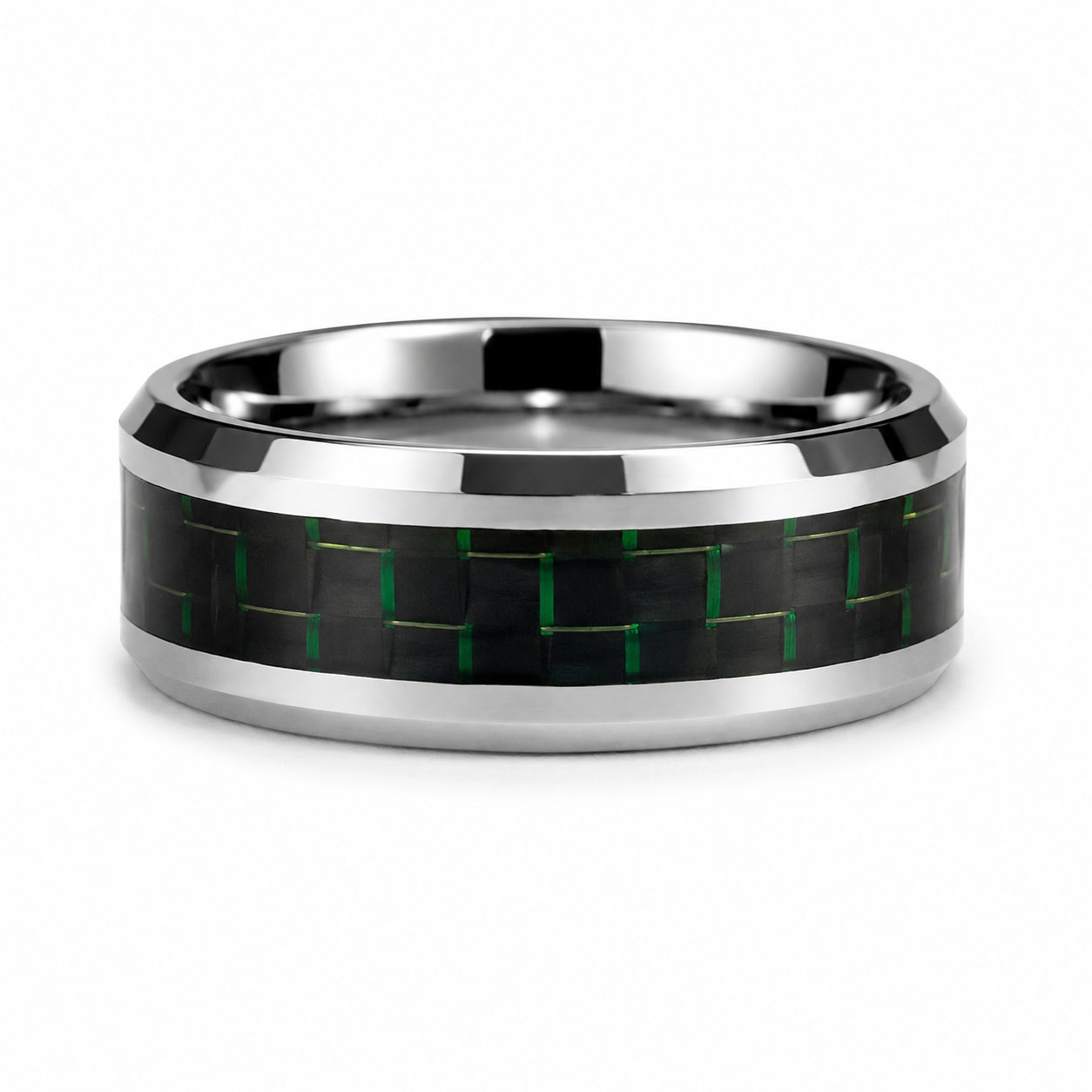 The Apex Matrix: 8mm Silver Tungsten Band with Green Carbon Fiber Inlay