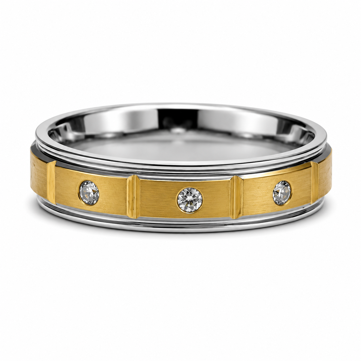 The Centurion: Two-Tone Stepped Tungsten Band with Bezel-Set Accents