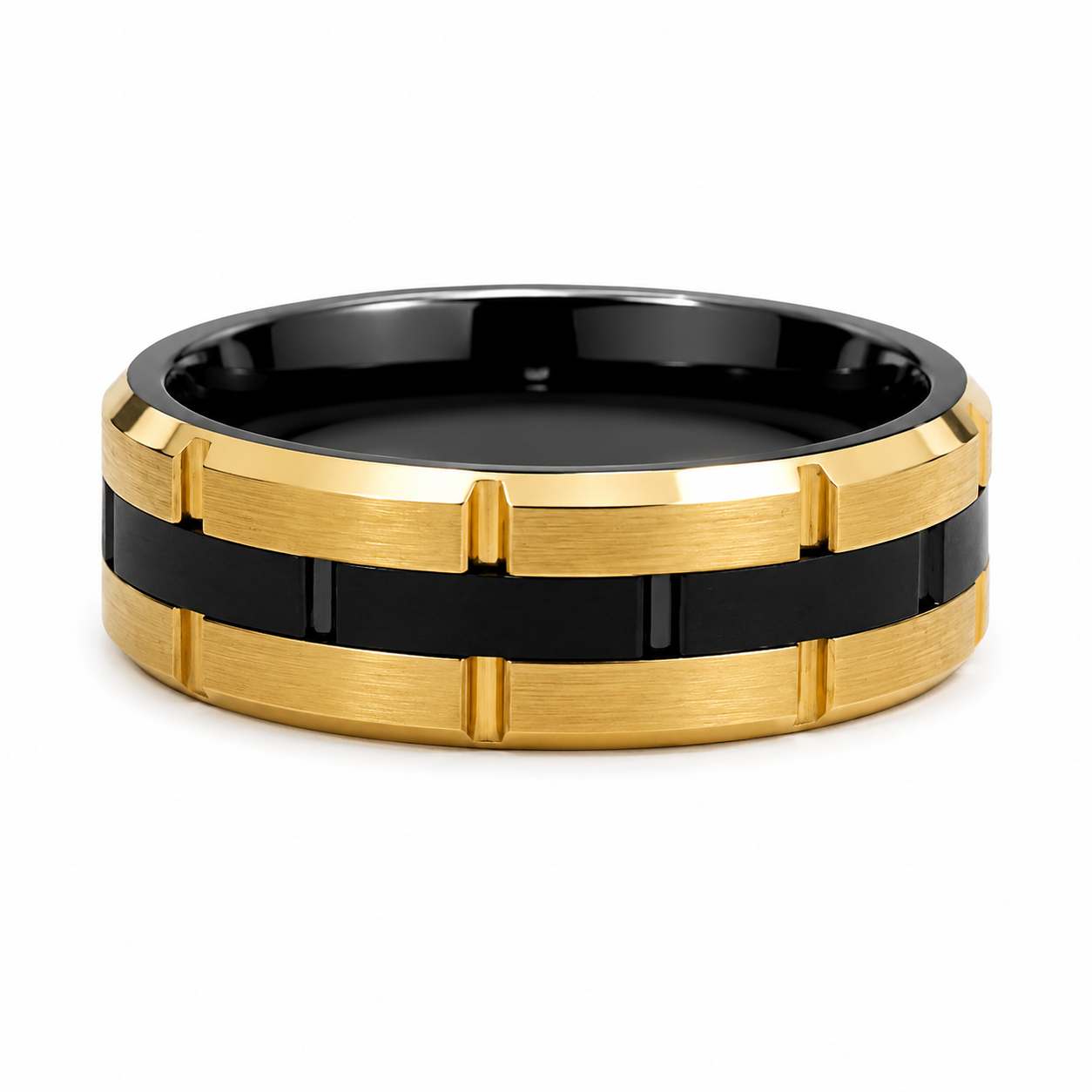 The Imperium: Gold-Plated Stepped Tungsten Band with Matte Black Panel Inlay