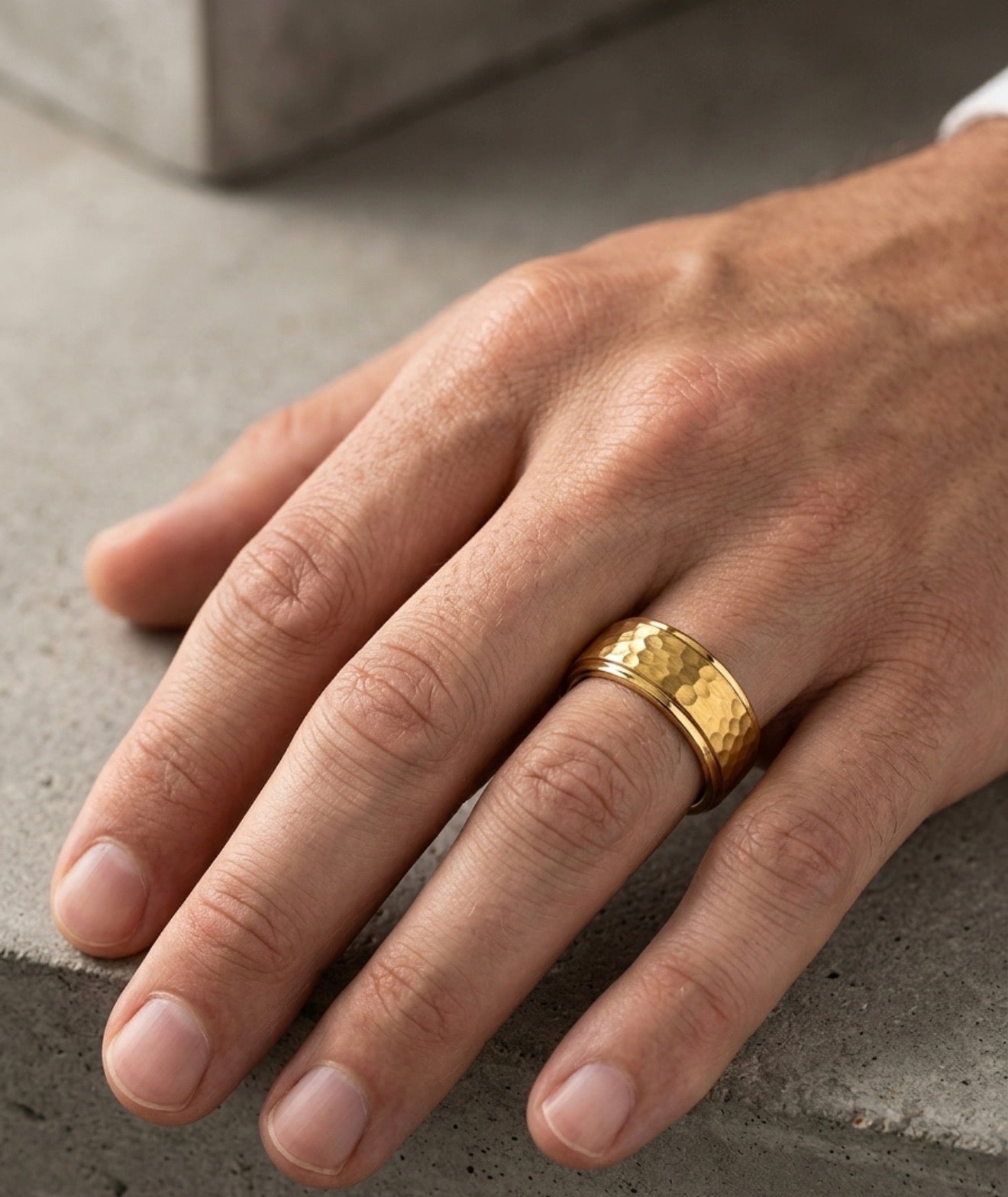 The Artisan: Gold Tungsten Band with Hammered Inlay