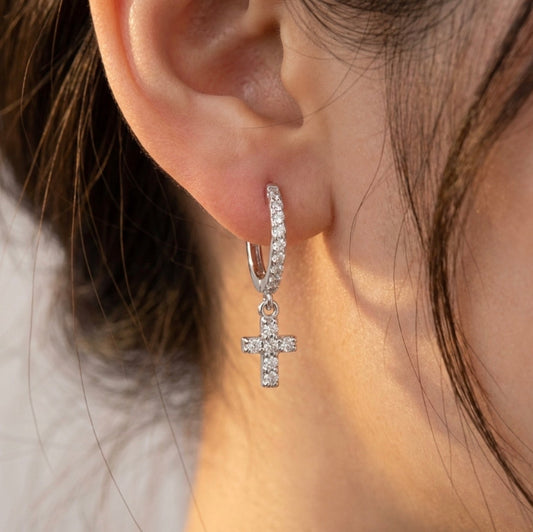 Sterling Silver Cubic Zirconia Huggie Earrings with Cross Charm
