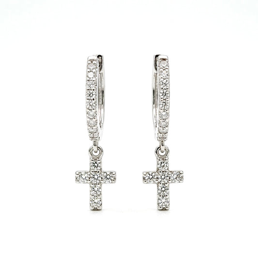 Sterling Silver Cubic Zirconia Huggie Earrings with Cross Charm