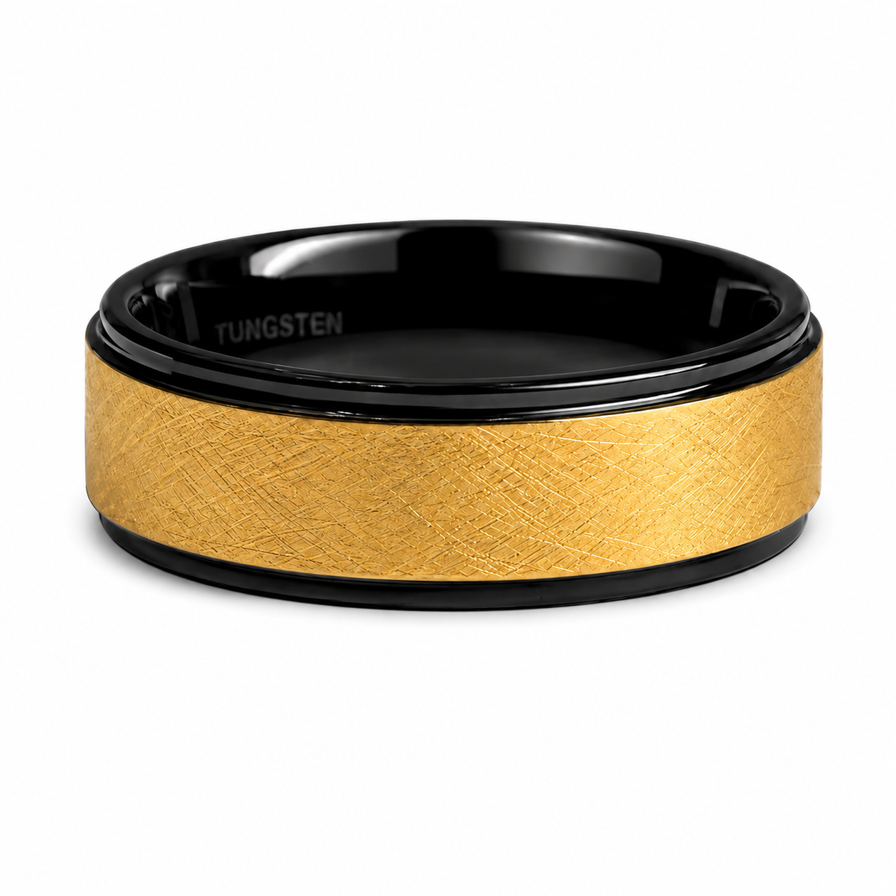 The Midas Eclipse: Black Tungsten Band with Textured Cross-Hatch Gold Inlay