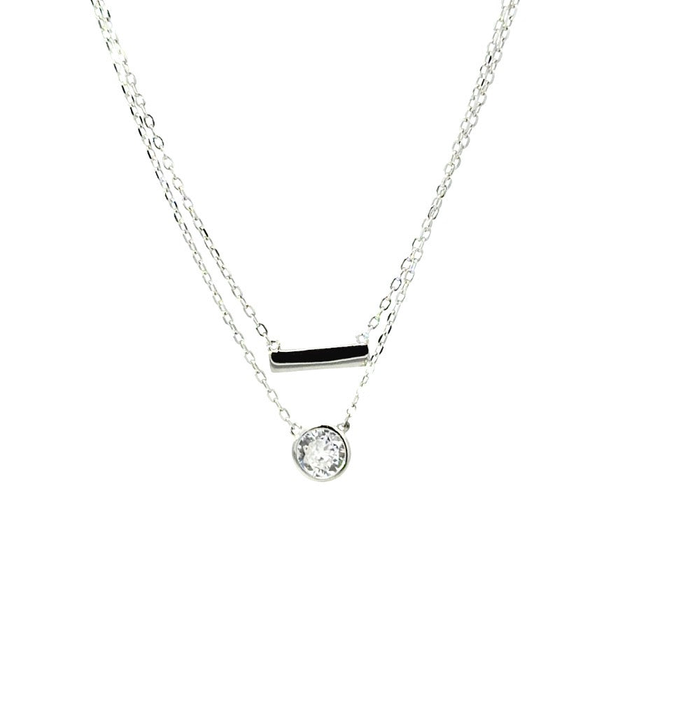 Sterling Silver Layered Bar and Bezel Solitaire Necklace