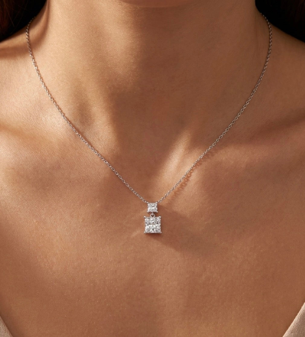 Sterling Silver Cubic Zirconia Princess cut Necklace