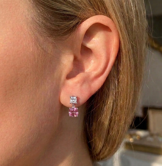Sterling Silver Princess-Cut Pink Cubic Zirconia Drop Earrings