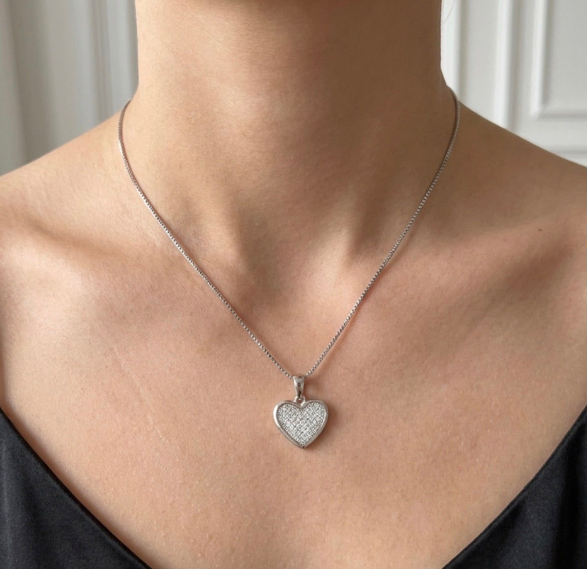 Sterling Silver Pave Heart Necklace