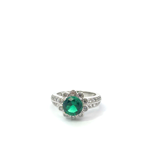 Sterling Silver Round Cut Emerald Inspired Floral Ring