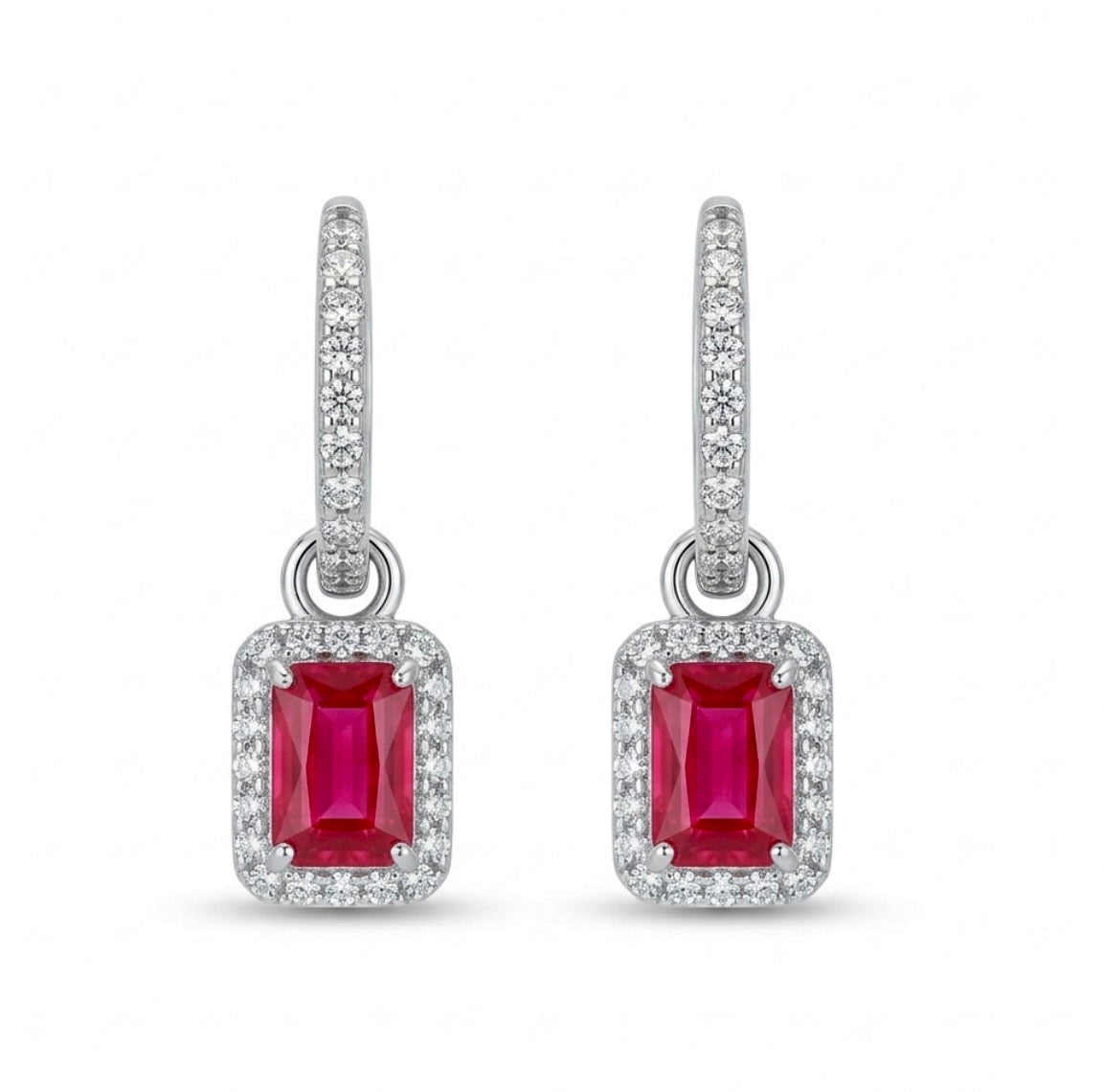 Sterling Silver Emerald-cut Ruby Drop Earrings