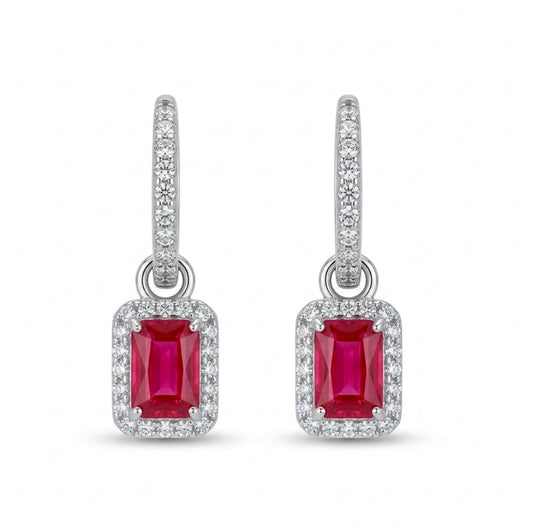 Sterling Silver Emerald-cut Ruby Drop Huggie Hoop Earrings
