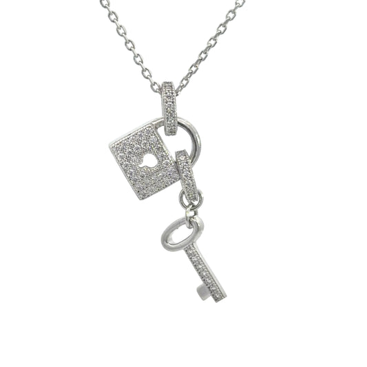 Sterling Silver Lock & Key Pave Setting Cubic Zirconia Necklace