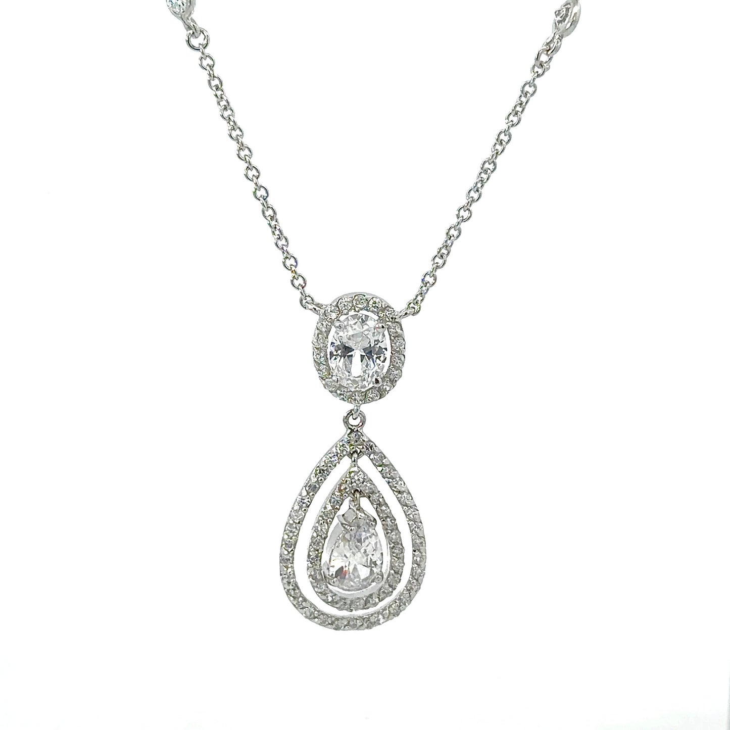 Sterling Silver Teardrop Double Halo Necklace