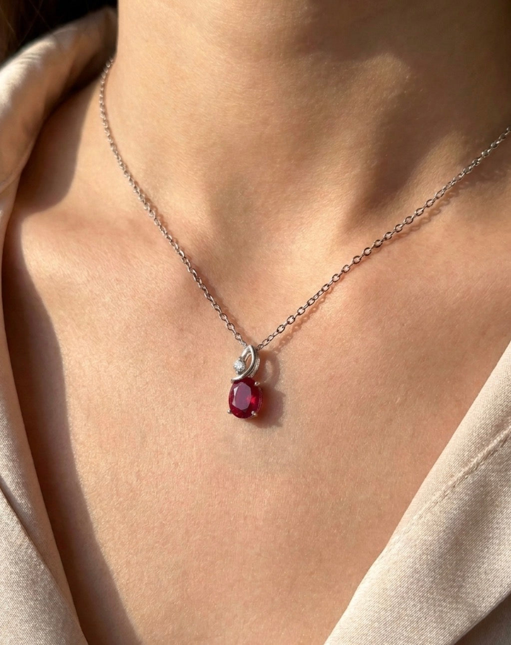 Sterling Silver Ruby Oval cut Necklace