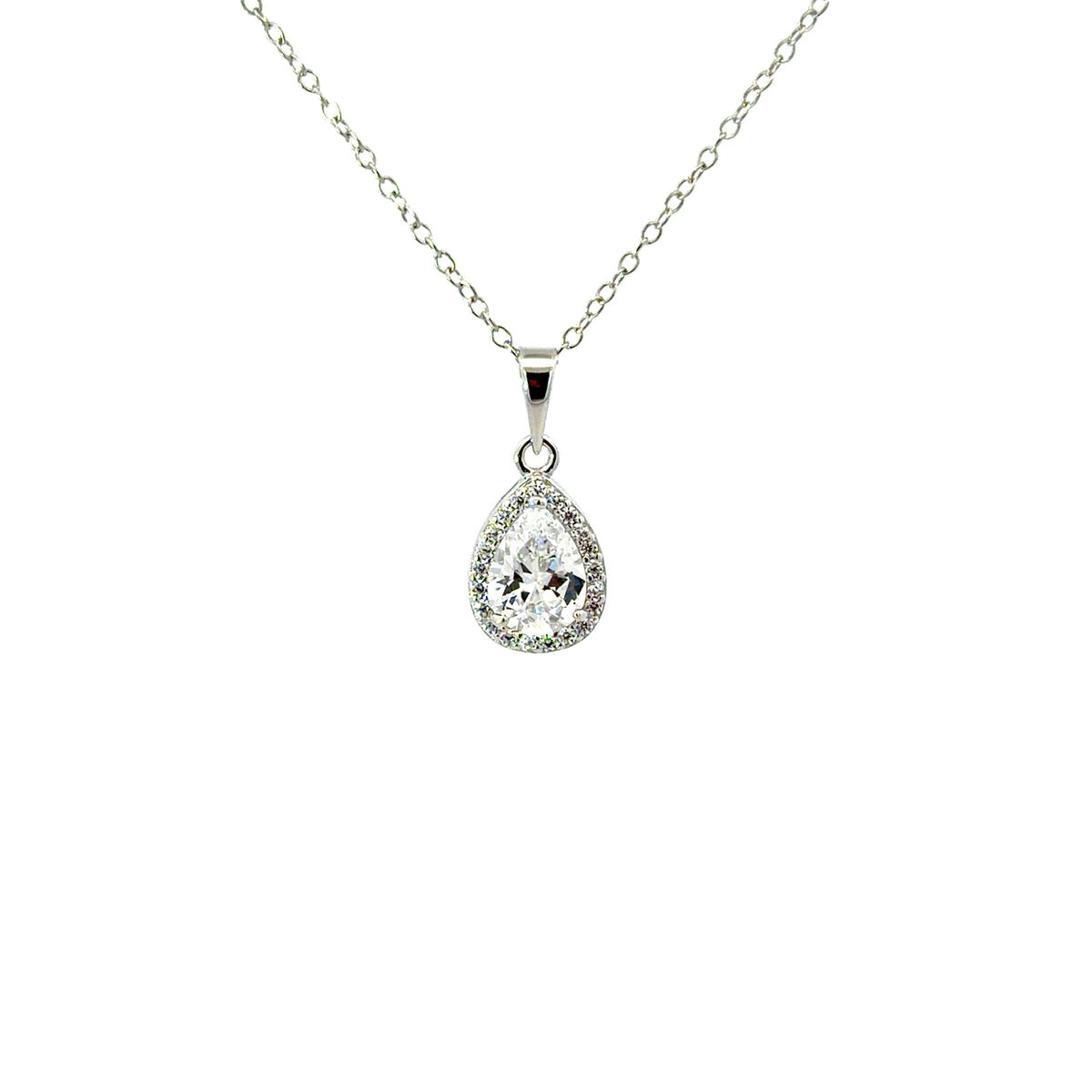 Sterling Silver Teardrop-cut Cubic Zirconia Halo Necklace
