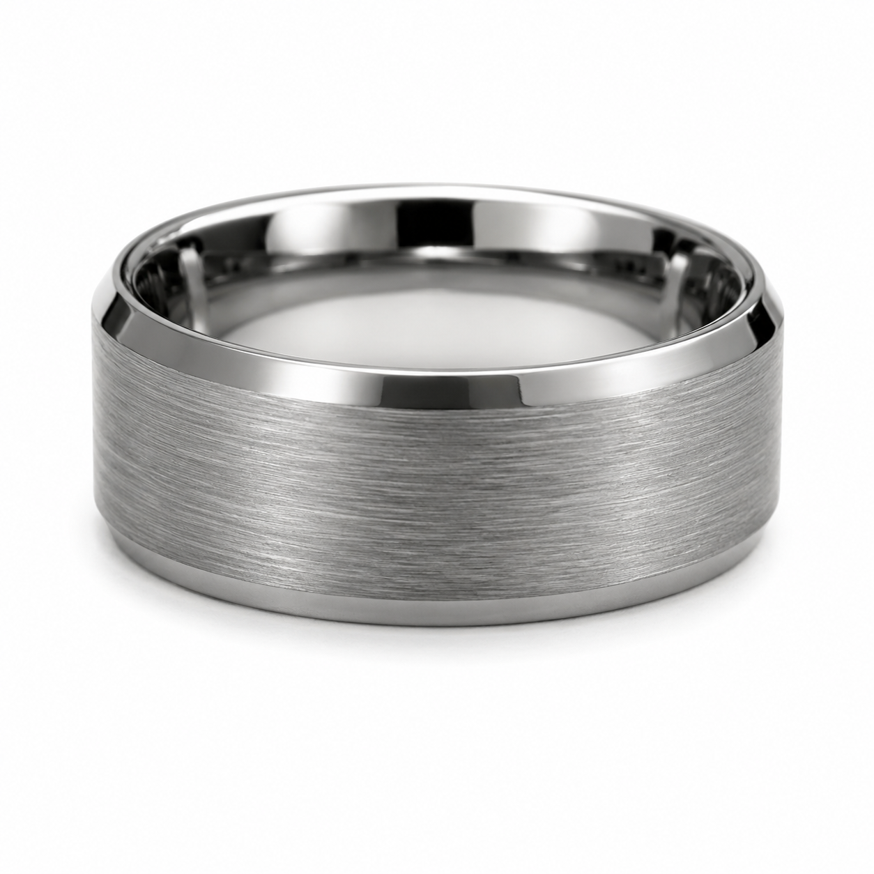 Silver Brushed 8MM Tungsten Band with Polished Stepped Beveled Edges