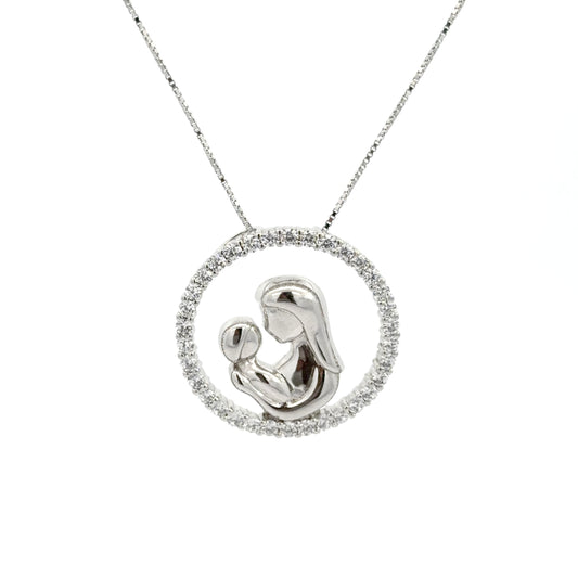 Sterling Silver Mother and Child Cubic Zirconia Pendant Necklace