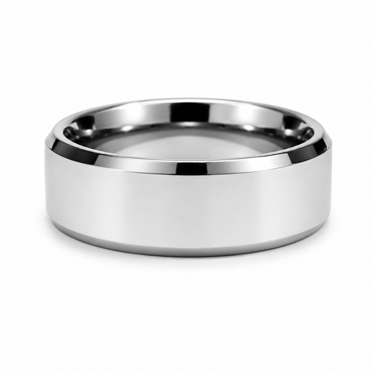 Silver Brushed 8MM Tungsten Band with Polished Beveled Edges