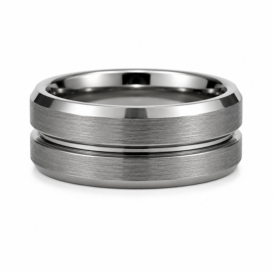 The Sentinel: Silver Brushed Tungsten Band with Center Groove & Beveled Edges