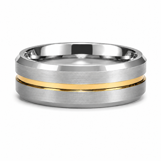 The Horizon Step: Two-Tone Brushed Tungsten Band with Gold Grooved Inlay