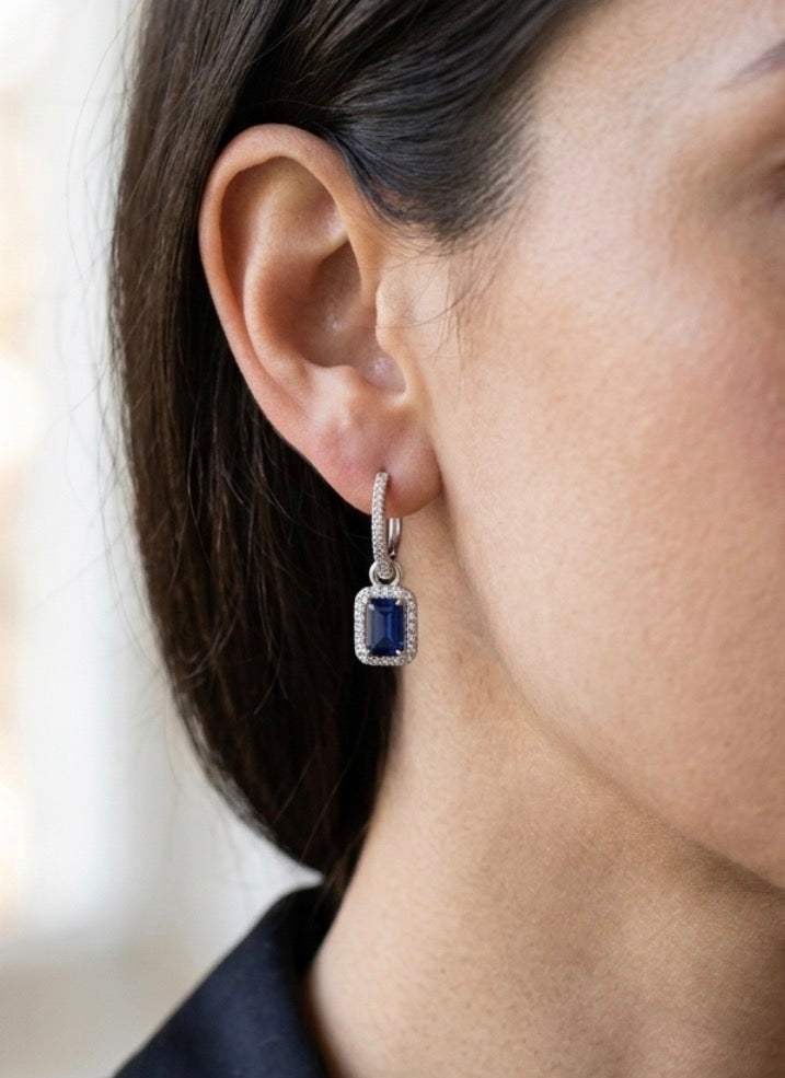 Sterling Silver Emerald-cut Sapphire Halo Drop Earrings